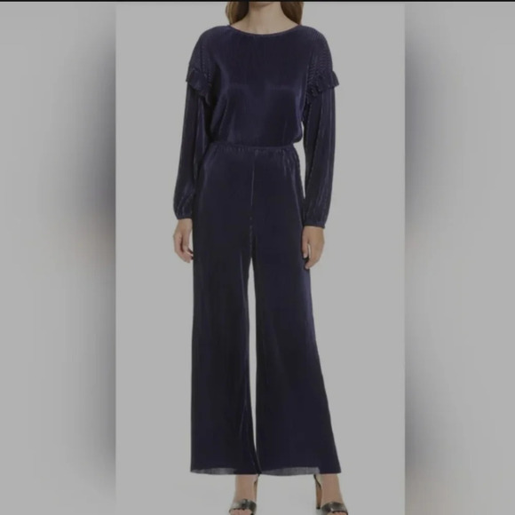 Halogen Pants - HALOGEN Navy Long Sleeve Plissé Jumpsuit balloon sleeve ruffled Medium